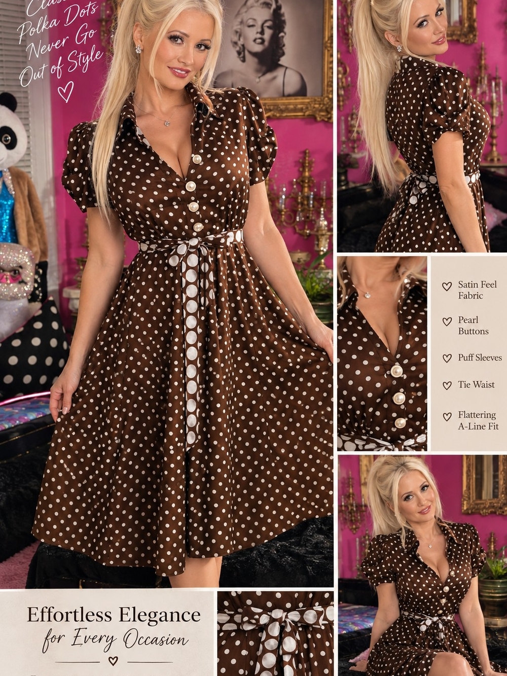 dressbarn Brown Satin Polka Dot A-Line Dress with Pearl Buttons